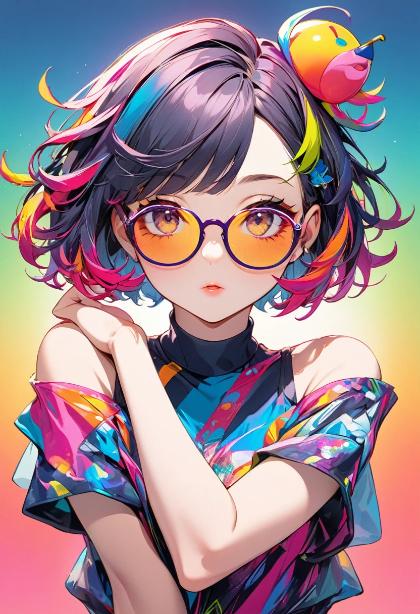 masterpiece, highest quality, 16k, unbelievably absurd, very detailed, perfect beauty, beautiful cute girl, pop glasses, in a beautiful pose, modern sauvage bob hair, through bangs, vibrant colors illustration