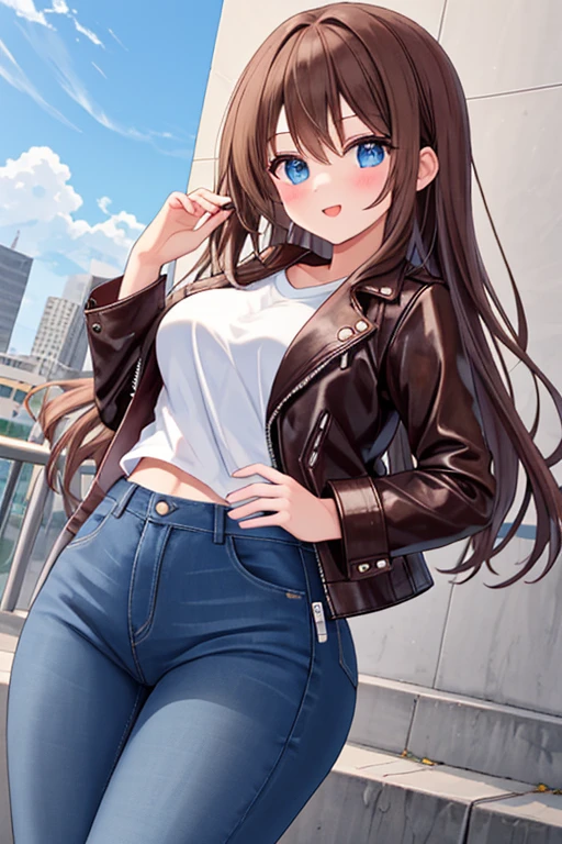 A Cute Girl, Lush Long Brown Hair, Beautiful Blue Eyes, Wide Hips, Medium Breasts, Brown Leather Jacket, White Shirt, Navy Jeans, at the city park,