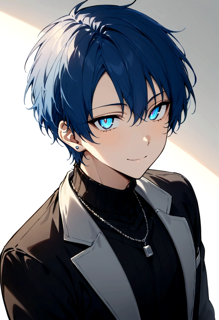 Streaming portrait、solo、Only one person、male、30 years old、front、View center、frontから、front、グレーのJacket、smile、Long earrings、イケメhmm、youth、イケメhmm、male、male性、Short Hair(masterpiece, best quality:1.2), 30 years old、White background、male性、Rin々Shii、Sharp eyes、、Black turtleneck、Black clothes、Blue Hair、blue eyes、whole body、White background、male性、Short Hair、front向き、hmm、Jacket、カーゴパhmmツfront向き、male、ネックレスmaleらShii服装、Silver necklace、