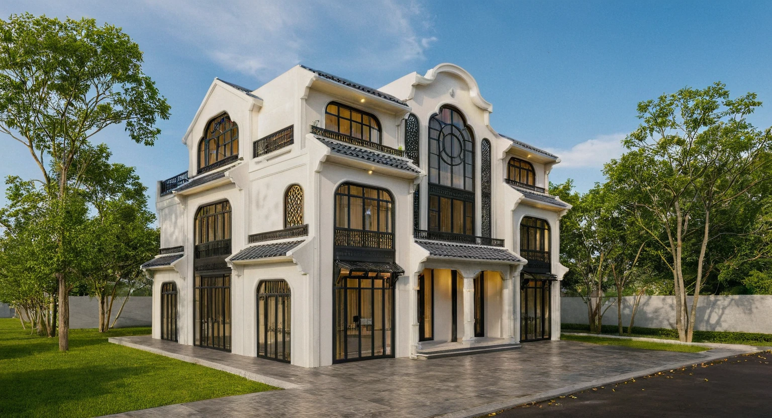 Raw photo,Masterpiece, high quality, best quality, authentic, super detail,
exterior, outdoors, house style indochine on the street ,aiaigroup
road,pavement, grass, trees, sky, cloud, (day:1.1)