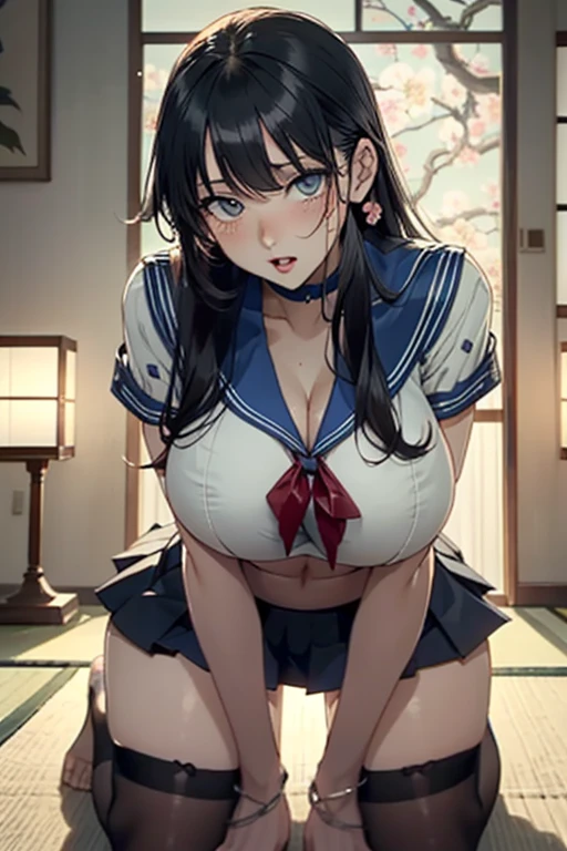 (8k, RAW photo, best quality, masterpiece, soft cinematic lighting, soft color:1.4),(POV,from above:1.2),(from below,ceiling:-0.0),( looking at camera:1.5),(beautiful eyes focus,Close-up beautiful eyes:1.5), (realistic:1.3), (dark old japanese room,yukaku,flower picture background:1.7), (solo, mature woman,19years old,super beautiful face,super detaild beautiful eyes :1.5), (sailor uniform,low-cut miniskirt:1.3),(show off ??????:0.5), (embarrassed,red Cheeks:1.25),long hair, {{slicked back hair}}, white blonde color hair, clean skin, (smaller ????:0.5),(coverd ??????:0.8),(sagging huge long wide heavy ???????,puffy ??????:1.5),(under boob:1.7), (thick, curvy:1.3),(very skinny:1.5),(temptation pose:1.7),(open mouth:1.1),(kneeling:1.3),