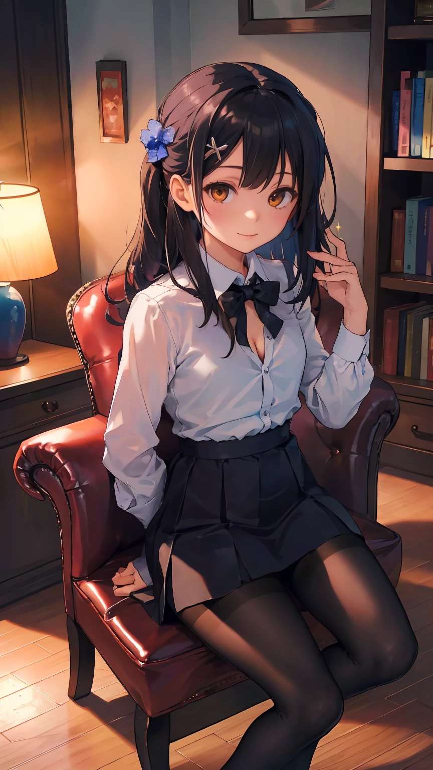 (cowboy shot:1.3),(best quality), ((masterpiece)), (highres), illustration, original, extremely detailed,dbj,1girl,(Miyu Edelfelt),****,black hair,brown eyes,small chest,x hair ornament,solo,expressionless,book, pantyhose, long hair, shirt, no shoes, crossed legs, sitting, cat, plant, brown eyes, solo, underwear, indoors, bow, bookshelf, potted plant, bra, breasts, bowtie, white shirt, looking at viewer, black hair, black pantyhose, chair, smile, wooden floor, dress shirt, no pants, thighband pantyhose, armchair, lamp, long sleeves, sparkle,collared shirt, cleavage, bangs, small chest,couch,