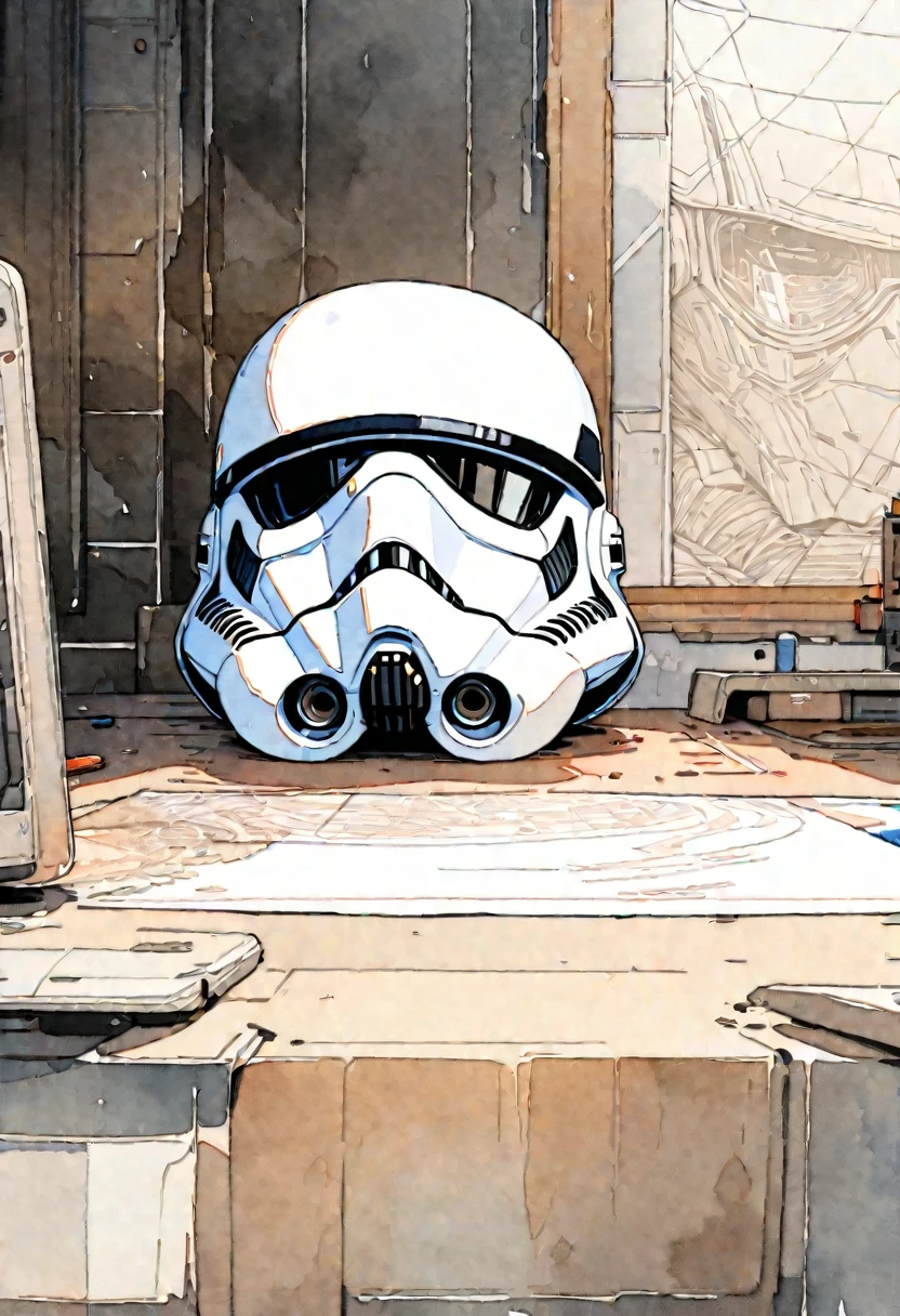 (masterpiece),(Highest quality),(Super detailed),(High resolution),((Line art)),((Watercolor)),8K,wallpaper,A Stormtrooper helmet on display at the base,Star Wars