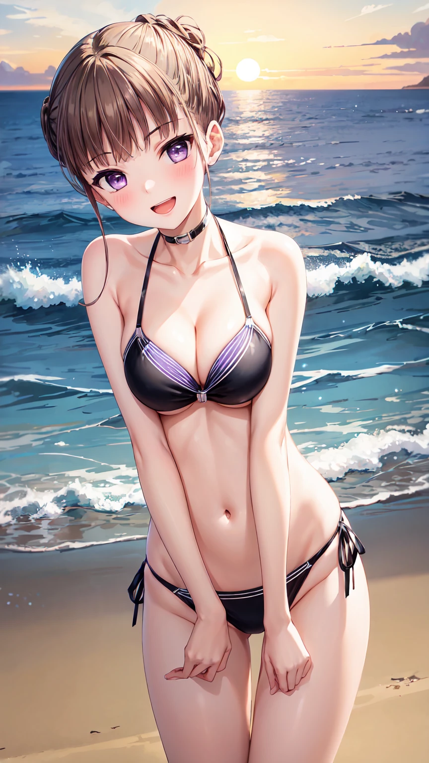 Masterpiece ,best quality , high resolution , (1 girl solo:1.38) , (nemu manaka, brown hair, sidelocks, (purple eyes:1.1), tall, slim body) , (wear bikini , head tilt) , (cleavage:1.2) , (medium breast:1.28) , (outdoor , sunset , dusk , on neach , sea , ocean , romance light) , (standing cowboy shot) , ( full face blush , shy , smile , open mouth) , (front view, face view , look at viewer) 