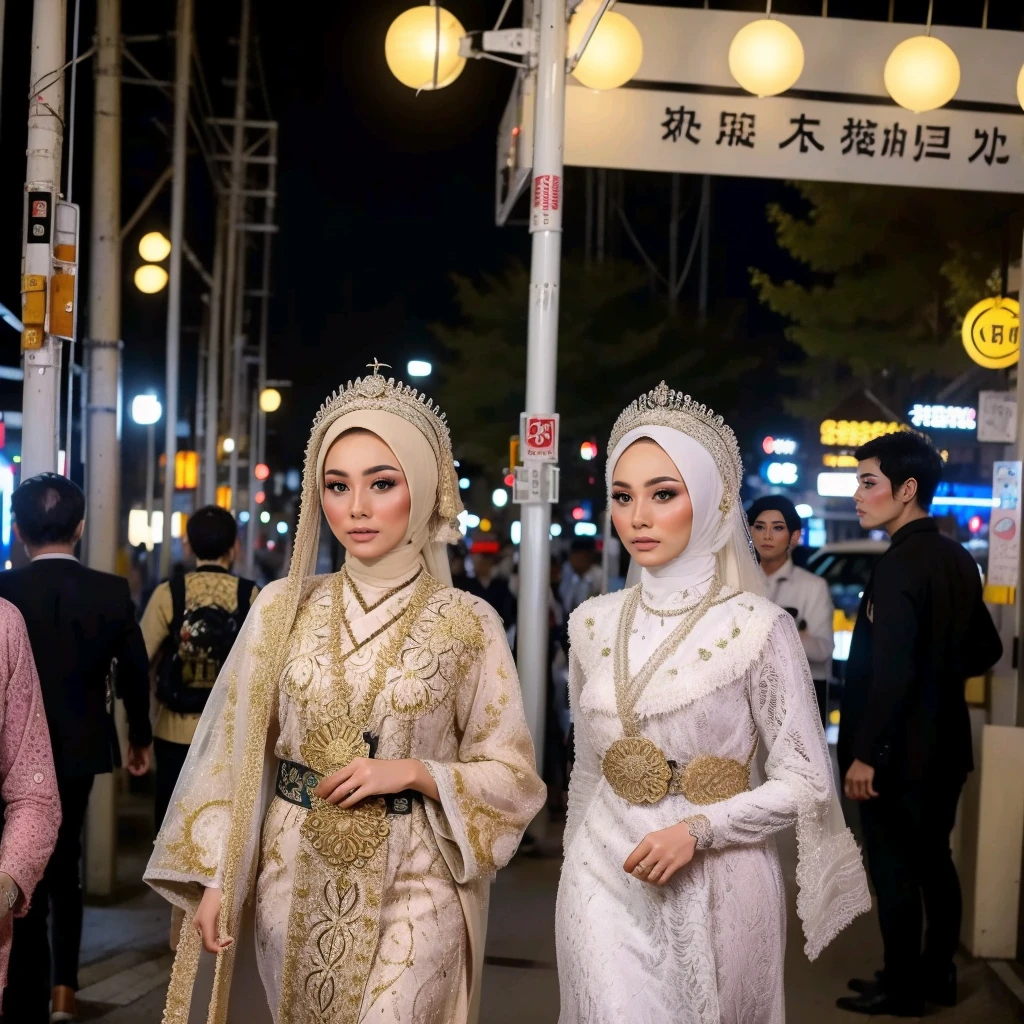 Woman with intricate hair ornament wearing a white hijab dress in modern Japan streets at night, cinematic, fujifilm filter, street photography, 35mm film camera, atmospheric lighting, urban setting, oriental fusion, cultural contrast, detailed character design by artist Naoshi, 4k resolution