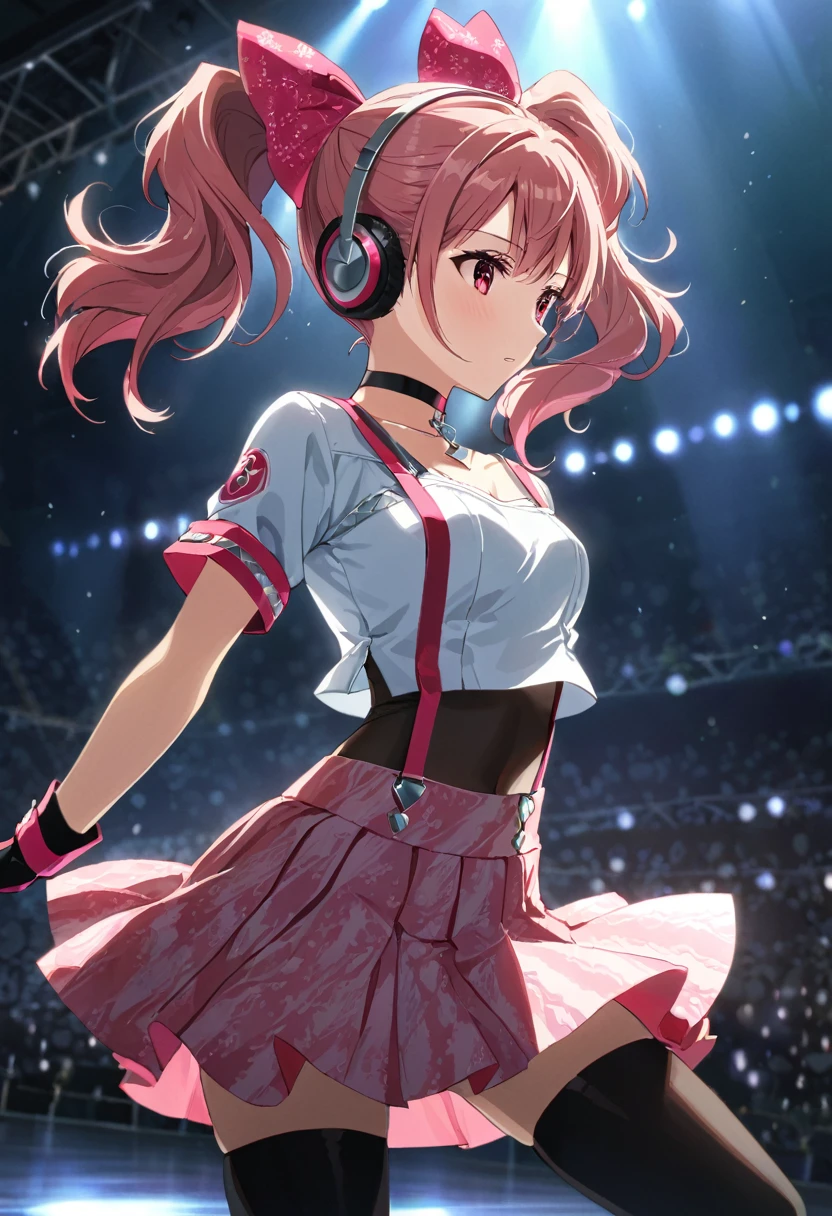 from front, (mediumshot:1),kujikawadancing, twintails, hair bow, headphones, white shirt, crop top, short sleeves, suspenders, pink skirt, black thighhighs, fingerless gloves, single glove, choker, midriff, Zettai ryoiki, ,,,cinematic angle, anime screencap:0.8, official art, masterpiece, best quality,UHD,HDR,aesthetic,very aesthetic,,