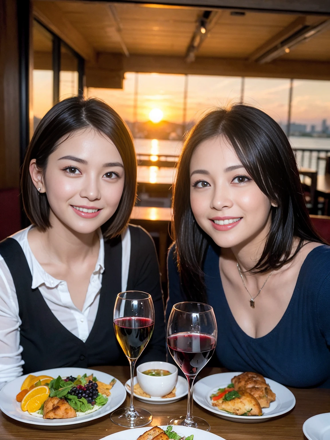 ((Highest quality、8K、masterpiece:1.3))、 (Ultra-realistic、 Genuine、Bright image、Intricate details:1.2), 最高のsmile、1 male、1 female、Beautiful couple、love love love、Tokyo Lovers、Good friends、actress couple、smile、Full-course dinner at a packed table、 (Slim face), (the body is slim), (Brown Hair), (short hair), テーブルのwine glass、Please shine a light on my face、 Amazing view of the sunset sky and clouds、, red wine 、Appetizers、Wine bottle、sparkling wine、Long sleeve shirt、dress、White wine, red wine, wine glass,
