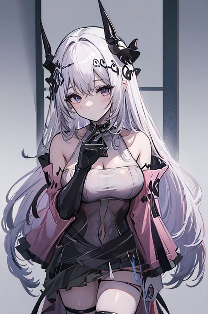 ((masterpiece_portrait)),(bishoujo),(Japanese_animation),(ligne_claire),(Arcanepunk),(10s-anime-aesthetic),1girls,Devil_horn,curvy,sharp_face,very_long_hair,Gradient_hair,white_hair,Blue_hiar,messy_hair,hair_between_eyes,Purple_eyes,expressionless,Large_breasts,white_off-shoulder_shirt,Black_pleated_skirt,fur-trimmed_capelet,Thigh_High_Socks,frilled_legwear,maid headdress,choker,cowboy shot