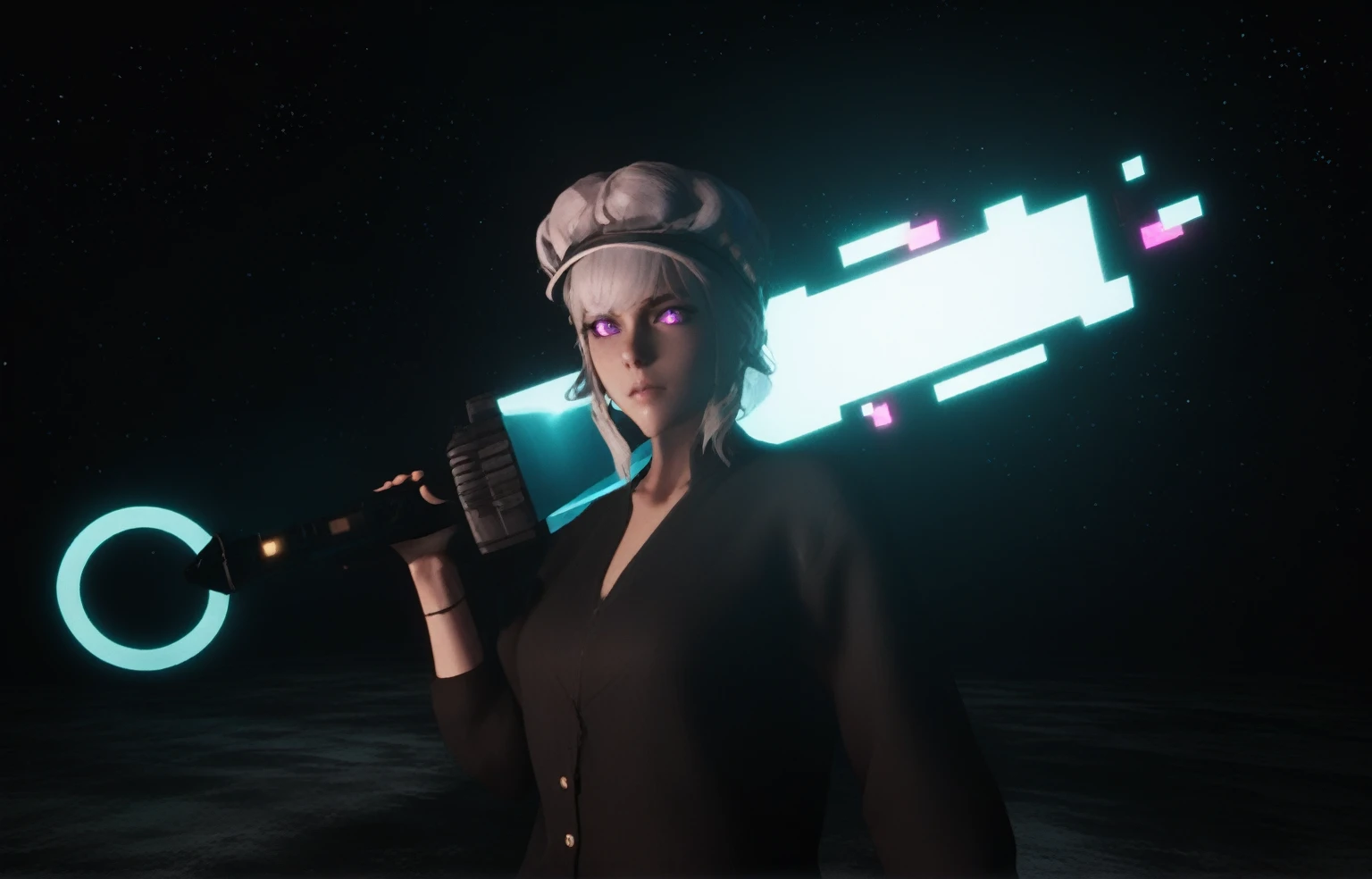 there is a woman holding a gun in a dark room, anime styled 3d, 4 k octan render, in game render, anime style. 8k, cinematic full character, glowing lens flare wraith girl, sci - fi character, 2 b, 2b, rendered in sfm, brandishing futuristic sword, dystopian sci-fi character, with cinematic lighting