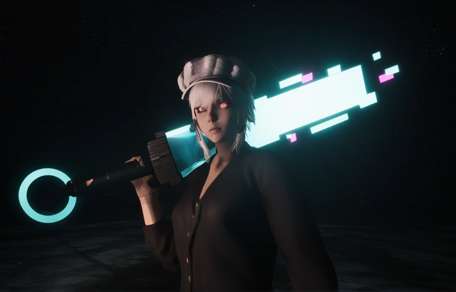 there is a woman holding a gun in a dark room, anime styled 3d, 4 k octan render, in game render, anime style. 8k, cinematic full character, glowing lens flare wraith girl, sci - fi character, 2 b, 2b, rendered in sfm, brandishing futuristic sword, dystopian sci-fi character, with cinematic lighting