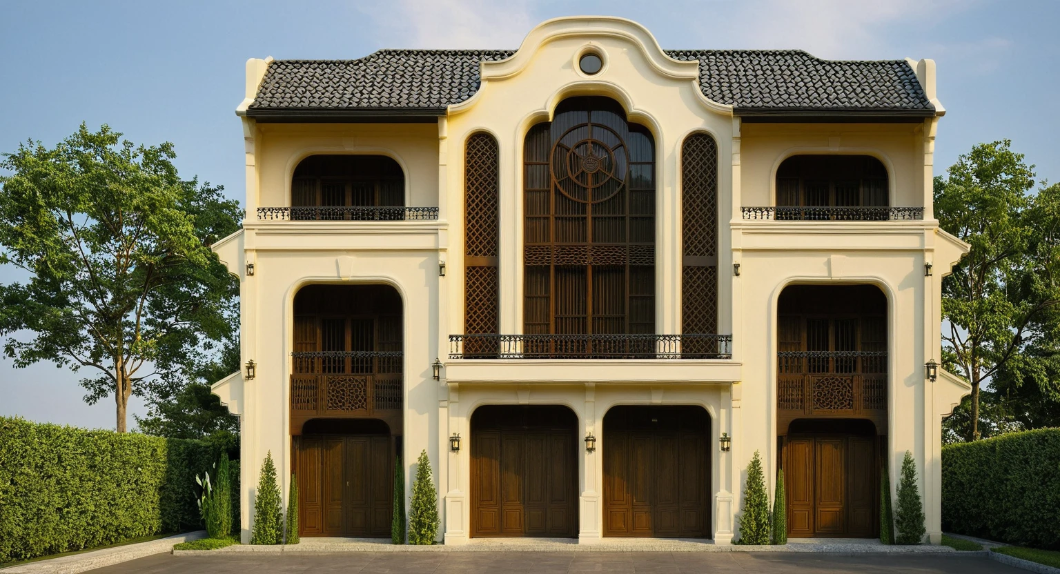 Raw photo,Masterpiece, high quality, best quality, authentic, super detail,
exterior, outdoors, house style indochine on the street ,aiaigroup
road,pavement, grass, trees, sky, cloud, (day:1.1)