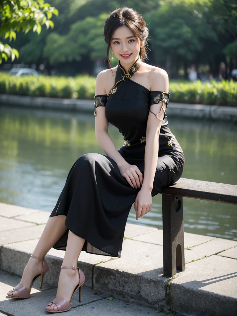 最high quality, 8K, Masseter area, Energetic, concentrate, high quality, high resolution, Delicate face, Fine particles, thick lips, (Looking at the audience), solitary, Beautiful woman, 25 years old,full image， Plum, Black long hair,  (Light-colored one-shoulder cheongsam dress:1.5)，（Sitting on a stone bench in the park：1.5）、Blurred Background，((Smile:1.5))、((Wearing black high heels))，High Aims，Gentle and intellectual