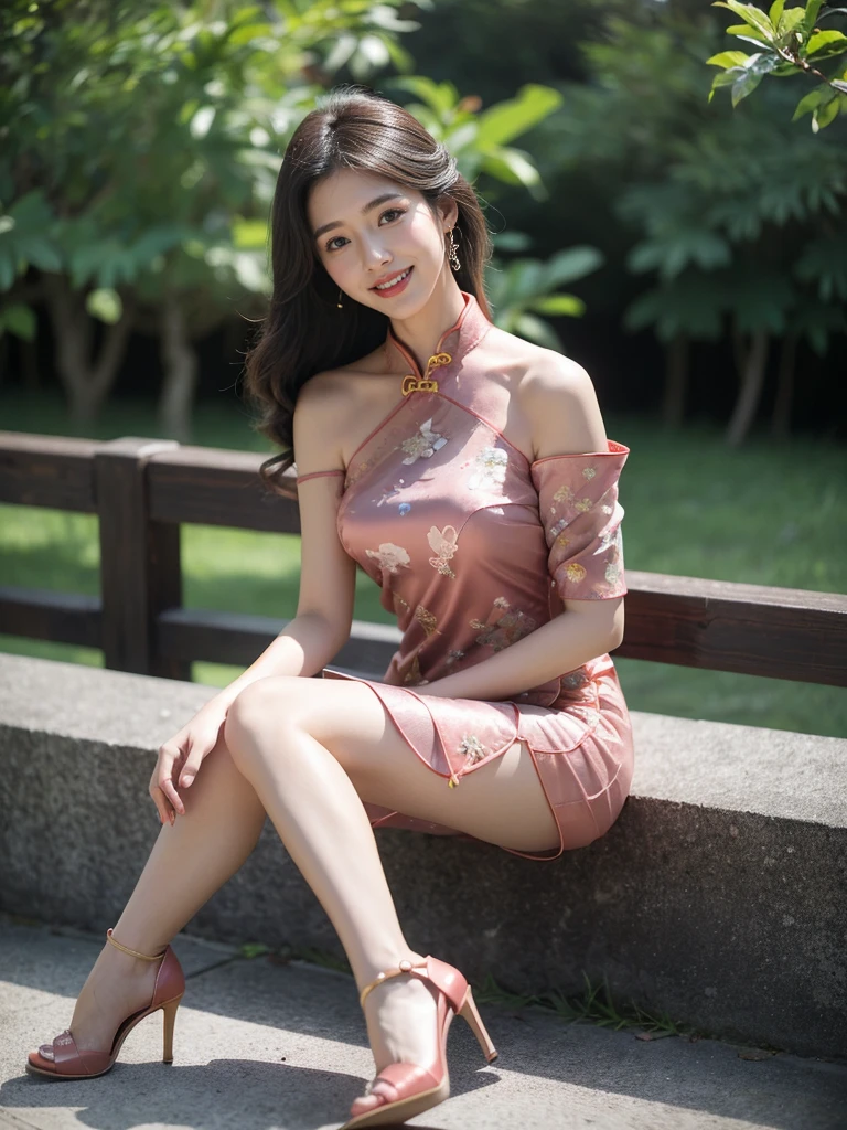 最high quality, 8K, Masseter area, Energetic, concentrate, high quality, high resolution, Delicate face, Fine particles, thick lips, (Looking at the audience), solitary, Beautiful woman, 25 years old,full image， Plum, Black long hair,  (Light-colored one-shoulder cheongsam dress:1.5)，（Sitting on a stone bench in the park：1.5）、Blurred Background，((Smile:1.5))、((Wearing black high heels))，High Aims，Gentle and intellectual