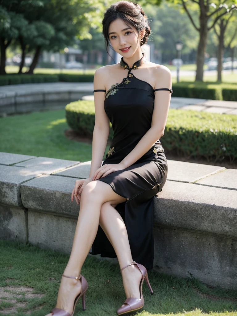 最high quality, 8K, Masseter area, Energetic, concentrate, high quality, high resolution, Delicate face, Fine particles, thick lips, (Looking at the audience), solitary, Beautiful woman, 25 years old,full image， Plum, Black long hair,  (Light-colored one-shoulder cheongsam dress:1.5)，（Sitting on a stone bench in the park：1.5）、Blurred Background，((Smile:1.5))、((Wearing black high heels))，High Aims，Gentle and intellectual