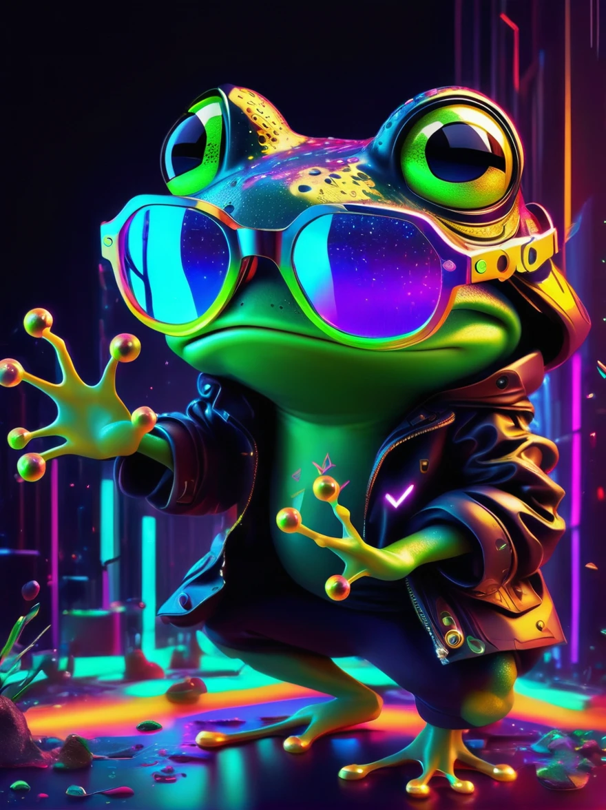 (Frog wearing big glasses:1.3), A digital illustration depicting a green cartoon boy in a dynamic dancing pose within a colorful virtual reality world teeming with neon lights and vibrant holograms. The scene bears the influences of both pop art and graffiti, a truly cyberpunk-inspired ensemble with explosive energy, created using digital painting methods and radiant, glowing effects, 1djxz1