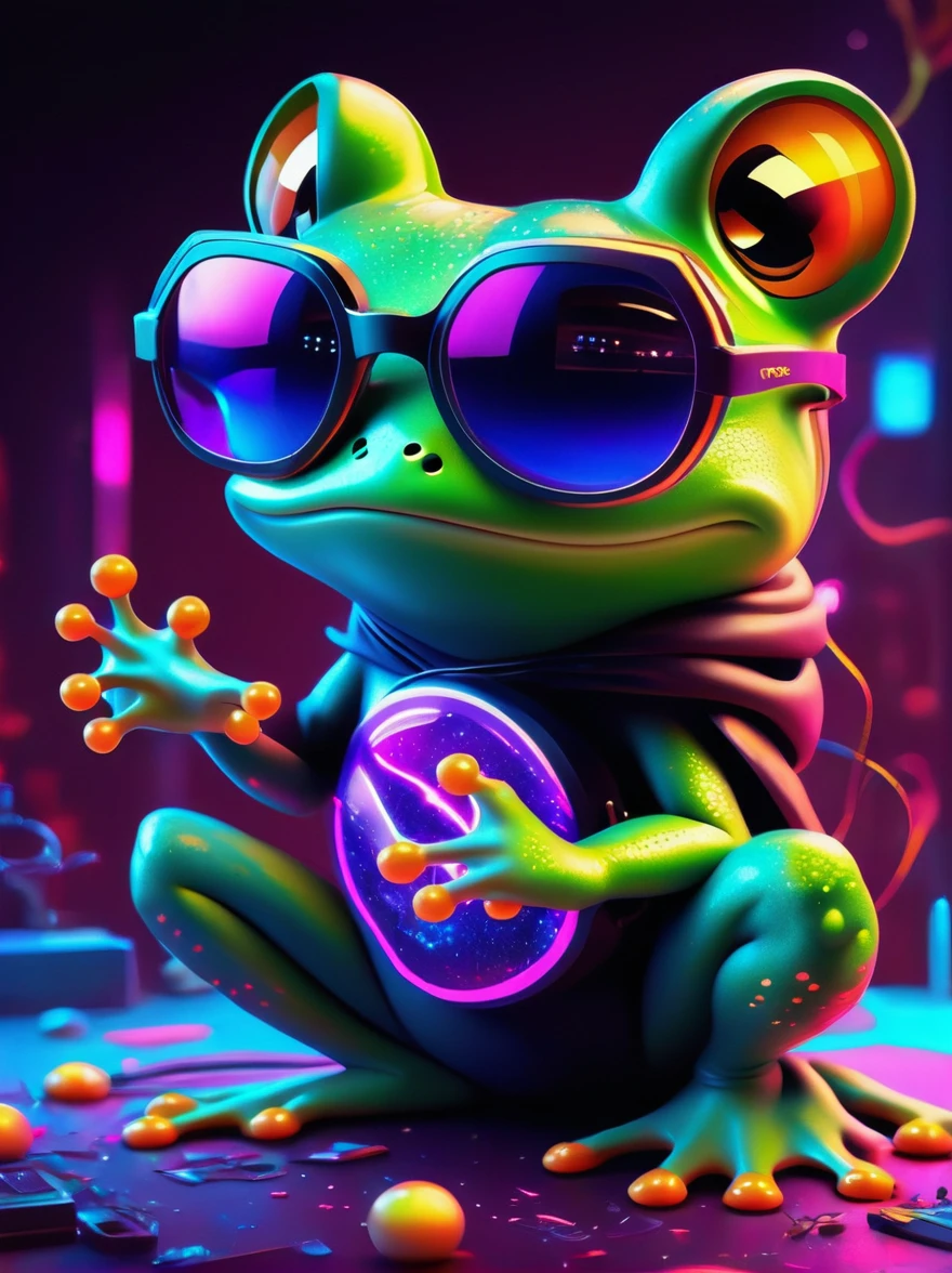 (Frog wearing big glasses:1.3), A digital illustration depicting a green cartoon boy in a dynamic dancing pose within a colorful virtual reality world teeming with neon lights and vibrant holograms. The scene bears the influences of both pop art and graffiti, a truly cyberpunk-inspired ensemble with explosive energy, created using digital painting methods and radiant, glowing effects, 1djxz1