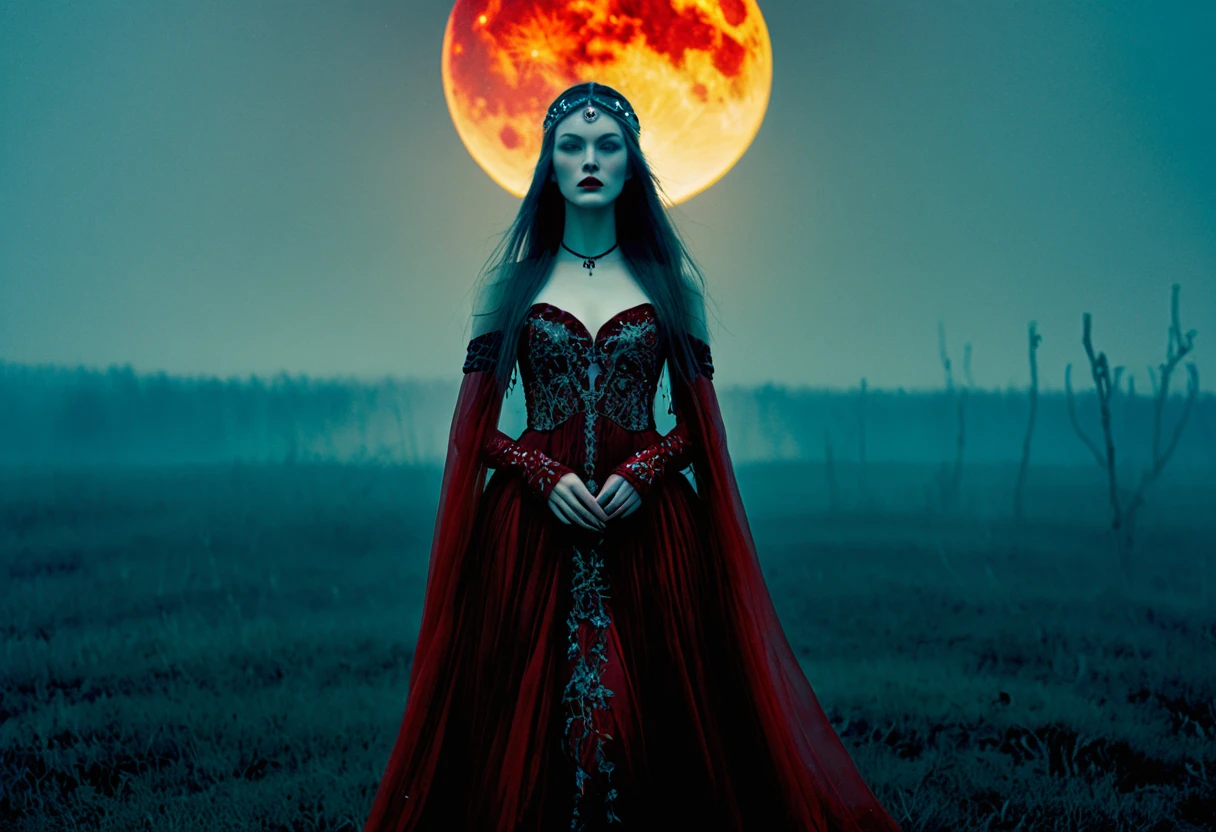 Luxury magazine phtotography, A beautiful ((evil slavic woman)), pale skin, long dark blond hair, Full_body_Beautiful_seductive_enchantress, highly detailed dress, blood moon, red glow, mist, eerie Gothic aesthetic, double exposure photography, backlit, hyperdetailed double exposure , Junji Ito, victo ngai, M.W. Kaluta, richard anderson, a masterpiece, 8k resolution, highly detailed and intricate, vogue style, great lighting