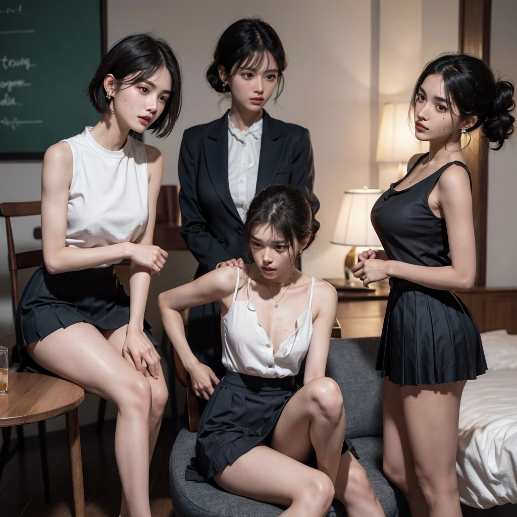 absurdres, RAW photo, extremely delicate and beautiful, masterpiece, Best Quality, ultra high resolution, 16k, hyperrealistic, ultra-detailed, perfect anatomy, super Detailed skin, perfect figure, Very detailed CG 8k wallpaper, in her 20s, very Slim body, narrow waist, very small head, very small face, delicate facial features, tearful mole, mole on chest, earring, thin legs, (very huge round breasts), (((3 girls))), short medium hair, ((((skirt suit)))), yuri,