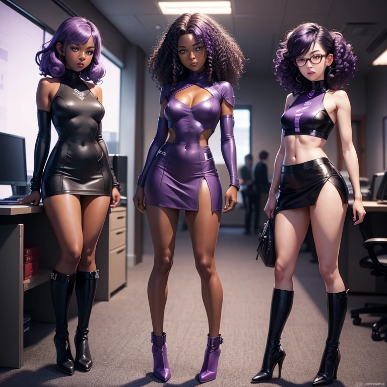 (masterpiece), (best quality), (high res) Solo, (perfect anatomy), (young girl ((10 years old)), ((((dark skin)))), (((curly purple hair))), (((shoulder length)))), red eyes, round eyeglasses, ((skin tight office outfit), (red skin tight high heels boots), (skin tight shirt), (super skin tight skirt), angry, (((flat chest))), in a futuristic setting with a red light, cyberpunk, cyber suit, best anime 4k, cybersuits, in a office department