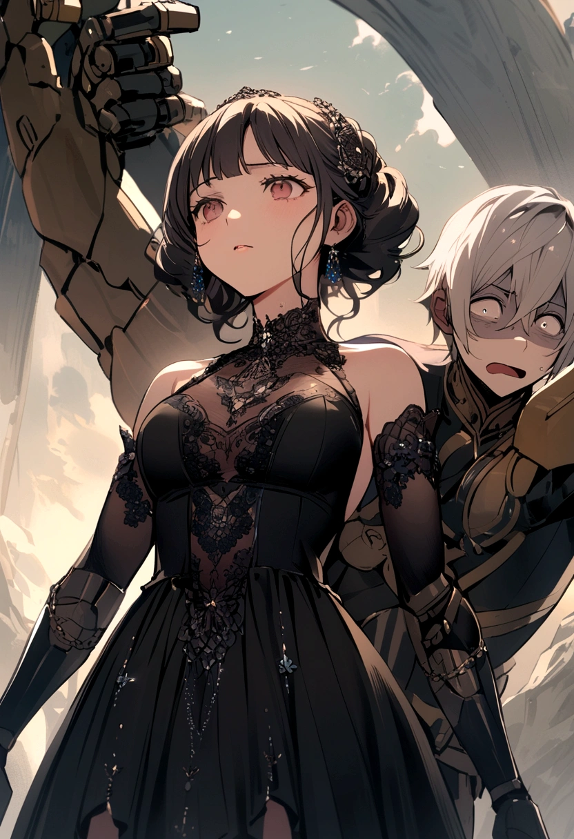 Boy with a Robot Arm And a girl on his back with a scared face and the earth as a background