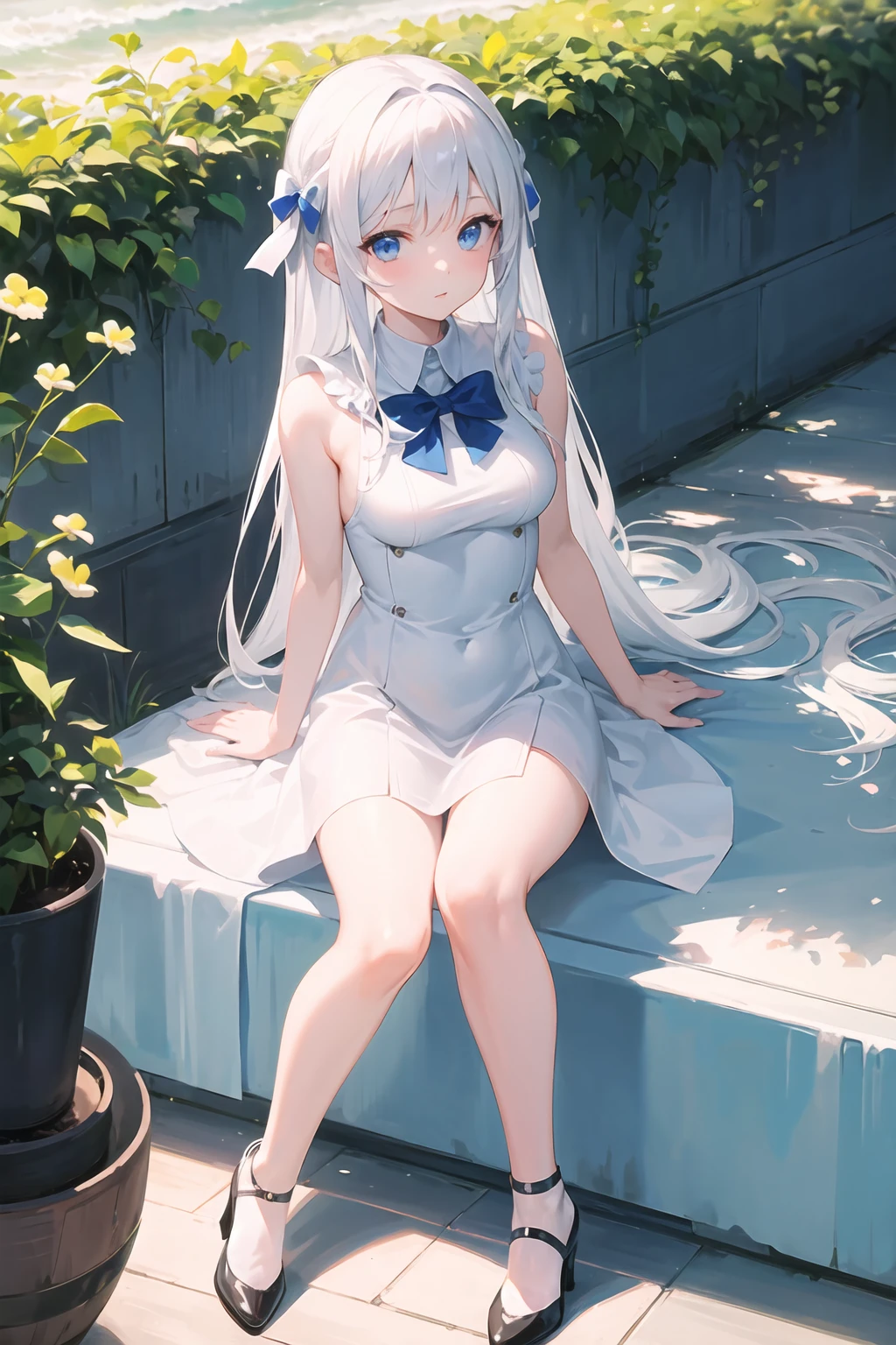 UHD,masterpieces,perfect figure,1girl,solo,white hair,middle breasts,long air,white skin,smooth skin,blue eyes,smilling,speard hair,white dress,beautiful waist,,white panyhose,nake arms,bows in head back,sitting,bright sky,sunny weather,Translucent fabric,cute style,at the sea,looking at viewer,white leather high heels