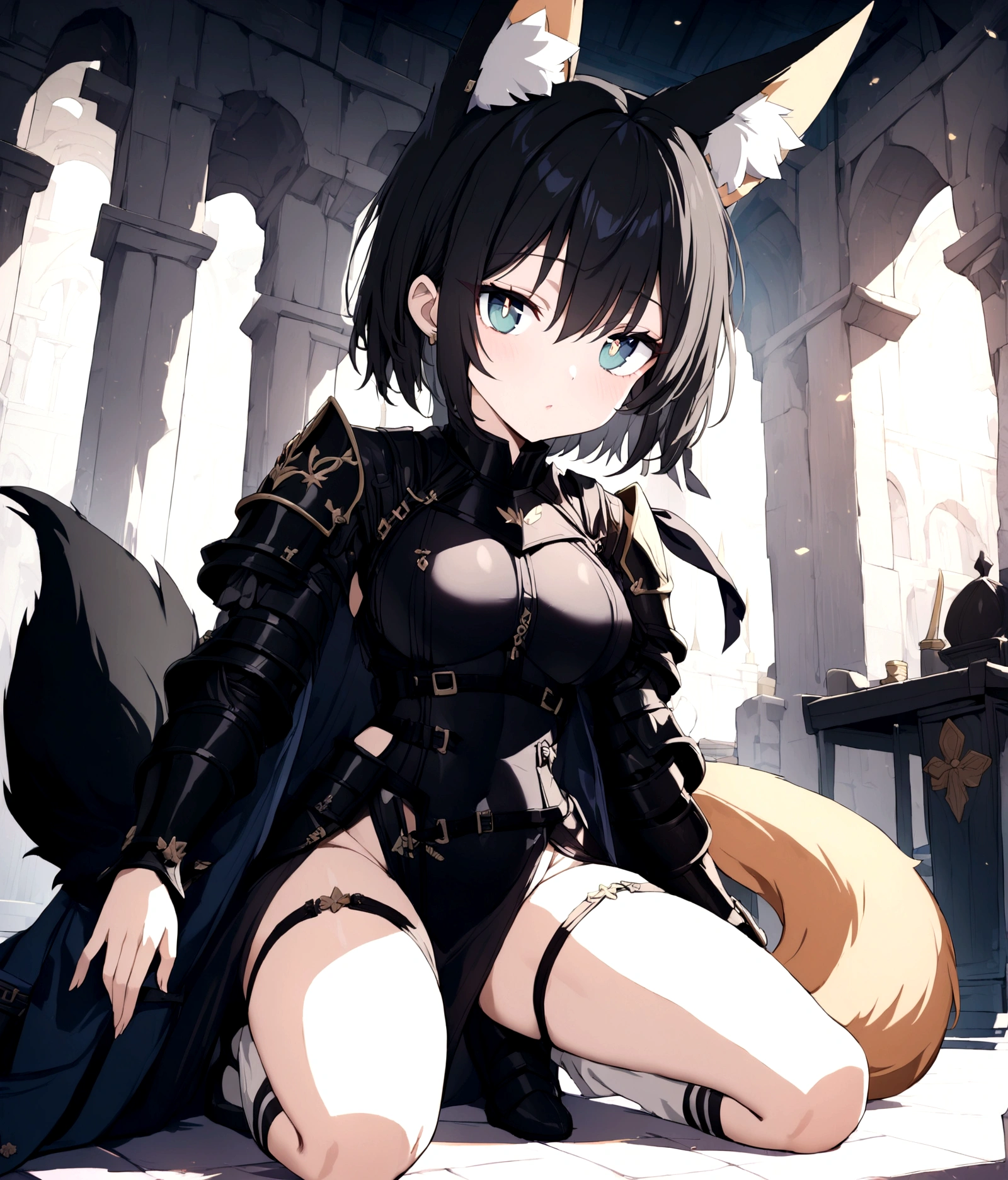 (1girl, Masterpiece, best quality) (detailed and beautiful eyes:1.6) (perfect hands, perfect anatomy) (full body)) (Mature) (Adult) Fox-girl Misaki has ((short black hair)), (Fox-ears). (She wears a black fantasy, medieval adventurer armor with additional coat.) ((She has a one black fluffly fox tail.)) She has over-to-knee socks. Stands proud in front of