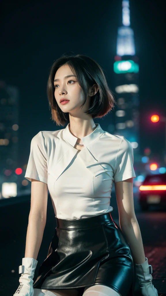 (((best quality))),(((very detailed))),(((masterpiece))),illustration,(1 beautiful girl,alone),((slim,thin)),((big bust,flat chest)),(crash helmet:1.3),shoulder length straight bob hair,slim 다리,cyberpunk, city streets,(riding a motorcycle:1.3), smooth, (white collar short sleeve shirt:1.3),(Gloves:1.2),( random color skirt:1.3),(pantyhose:1.3), stylish boots, trust, crystal, dark street,neon lights, skyscrapers, city noise, traffic, Siren, sounds of the city, futuristic, Dystopian societies, technology, fashion, explosive cocktail, style, , modernity, demeanor, soul, anything is possible,((in front,upper body))