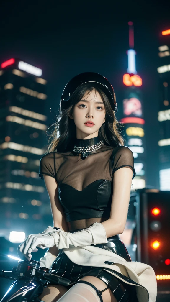 (((best quality))),(((very detailed))),(((masterpiece))),illustration,(1 beautiful girl,alone),((slim,thin)),((big bust,flat chest)),(crash helmet:1.3),shoulder length straight bob hair,slim 다리,cyberpunk, city streets,(riding a motorcycle:1.3), smooth, (white collar short sleeve shirt:1.3),(Gloves:1.2),( random color skirt:1.3),(pantyhose:1.3), stylish boots, trust, crystal, dark street,neon lights, skyscrapers, city noise, traffic, Siren, sounds of the city, futuristic, Dystopian societies, technology, fashion, explosive cocktail, style, , modernity, demeanor, soul, anything is possible,((in front,upper body))