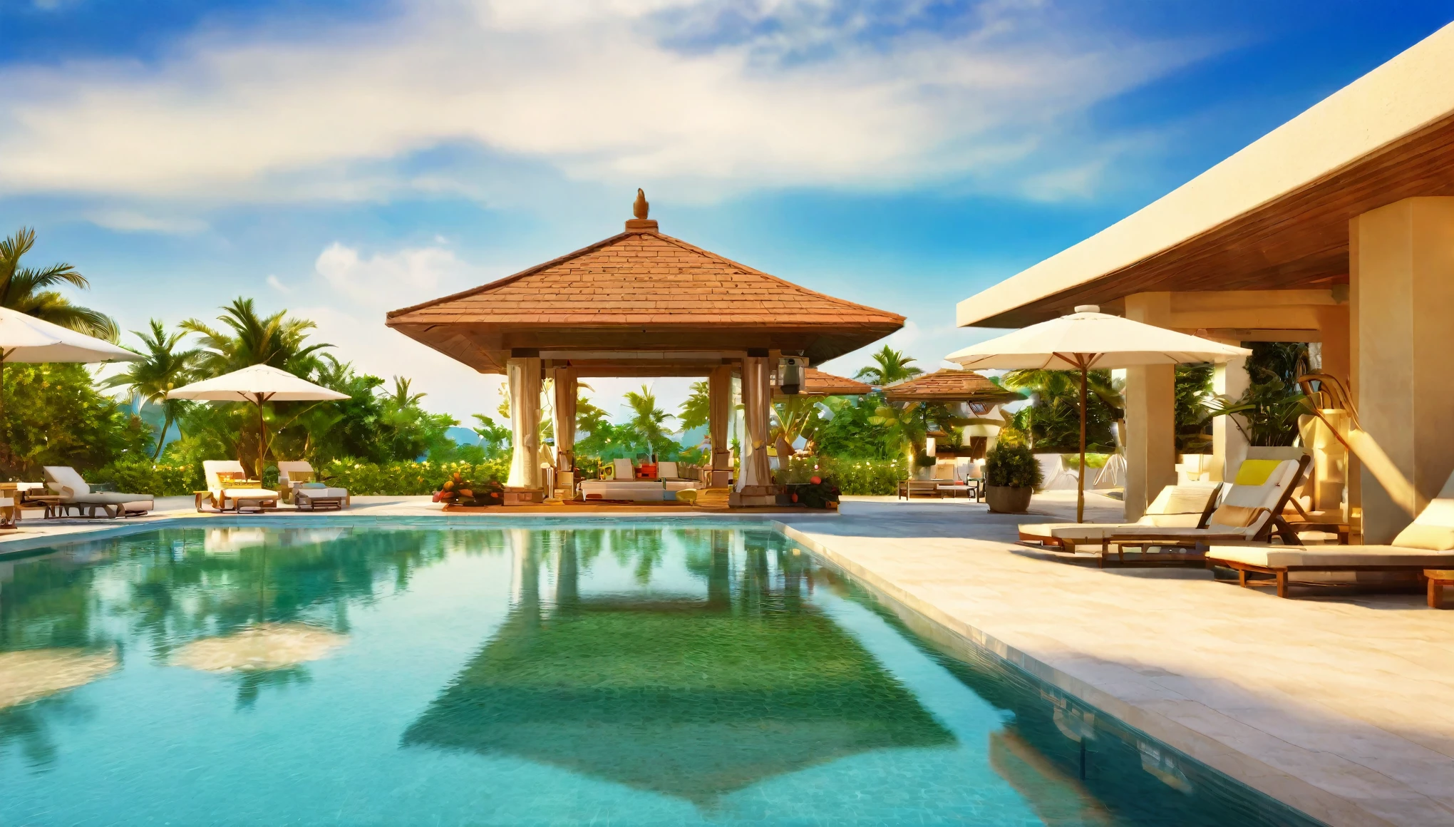 Resort hotels,Pool,Summer sky,noon,Blur the background,Glitter effect,Highest quality, 8K, High resolution, masterpiece:1.2, Very detailed, Realistic:1.37, High resolution, 超High resolution, Ultra-fine painting, Very detailed, Professional, Vibrant colors