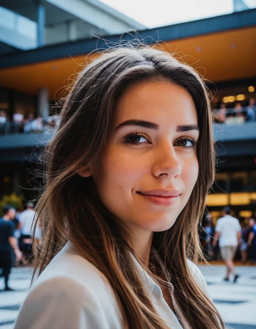 cinematic photo professional close-up portrait photography of the face of a beautiful (((ohwx woman))) at convention center during Afternoon, Nikon Z9 . 35mm photograph, film, bokeh, professional, 4k, highly detailed, brunette long hair