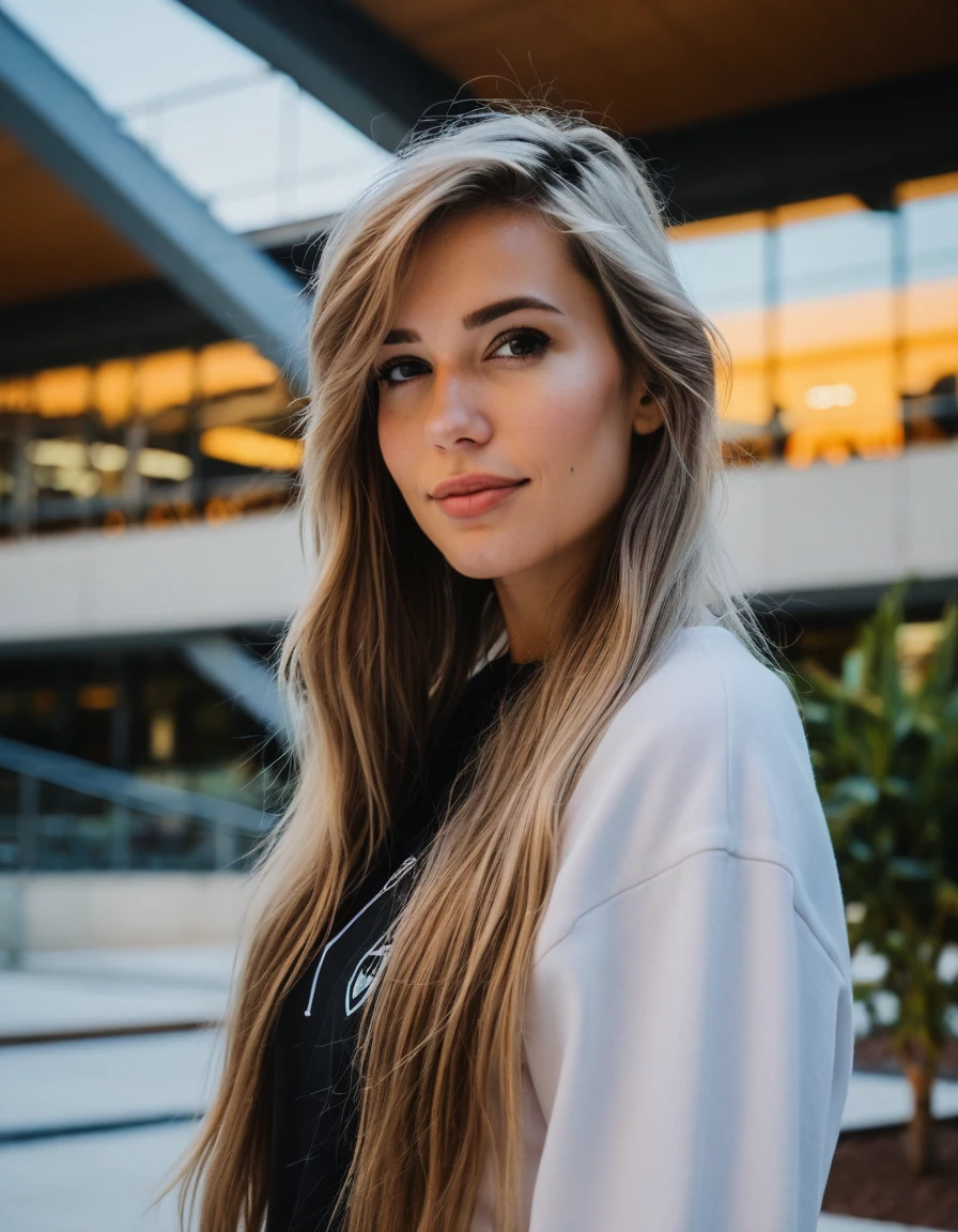 cinematic photo professional close-up portrait photography of the face of a beautiful (((ohwx woman))) at convention center during Afternoon, Nikon Z9 . 35mm photograph, film, bokeh, professional, 4k, highly detailed, brunette long hair