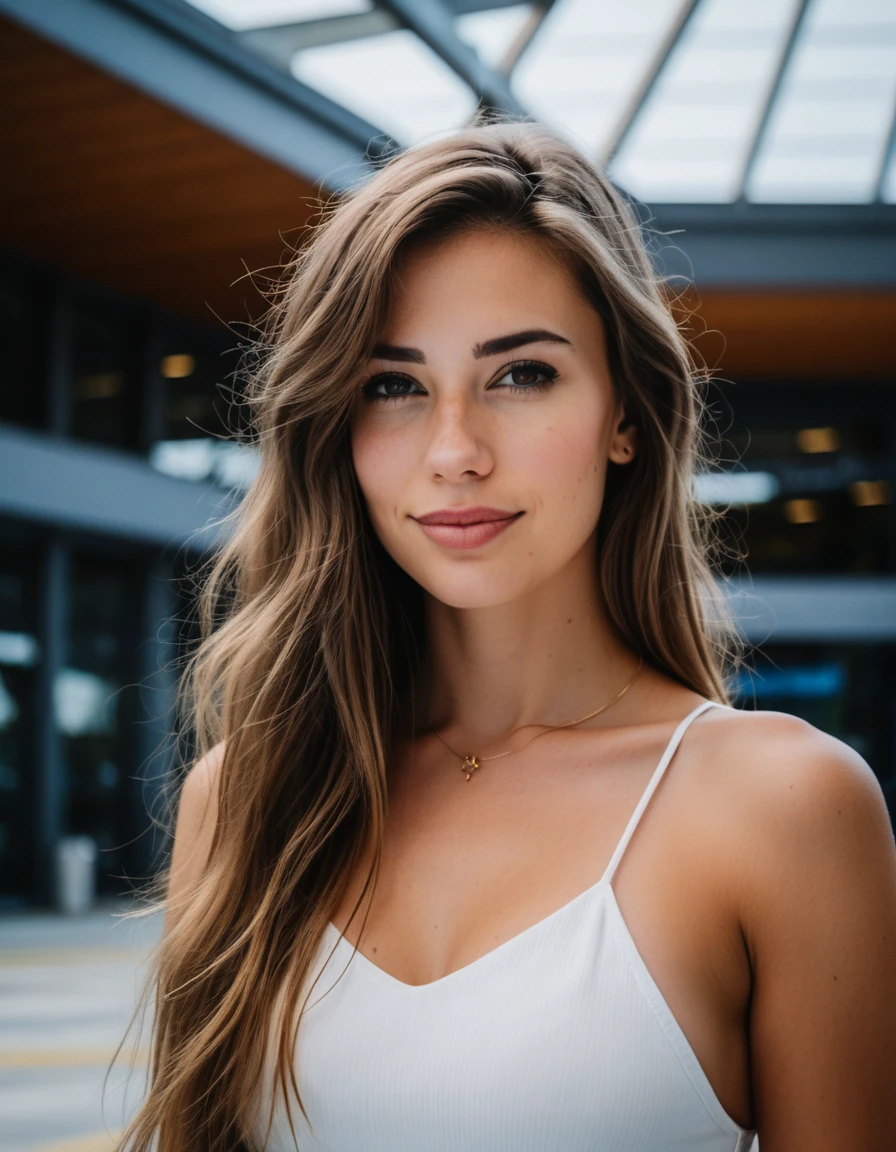 cinematic photo professional close-up portrait photography of the face of a beautiful (((ohwx woman))) at convention center during Afternoon, Nikon Z9 . 35mm photograph, film, bokeh, professional, 4k, highly detailed, brunette long hair