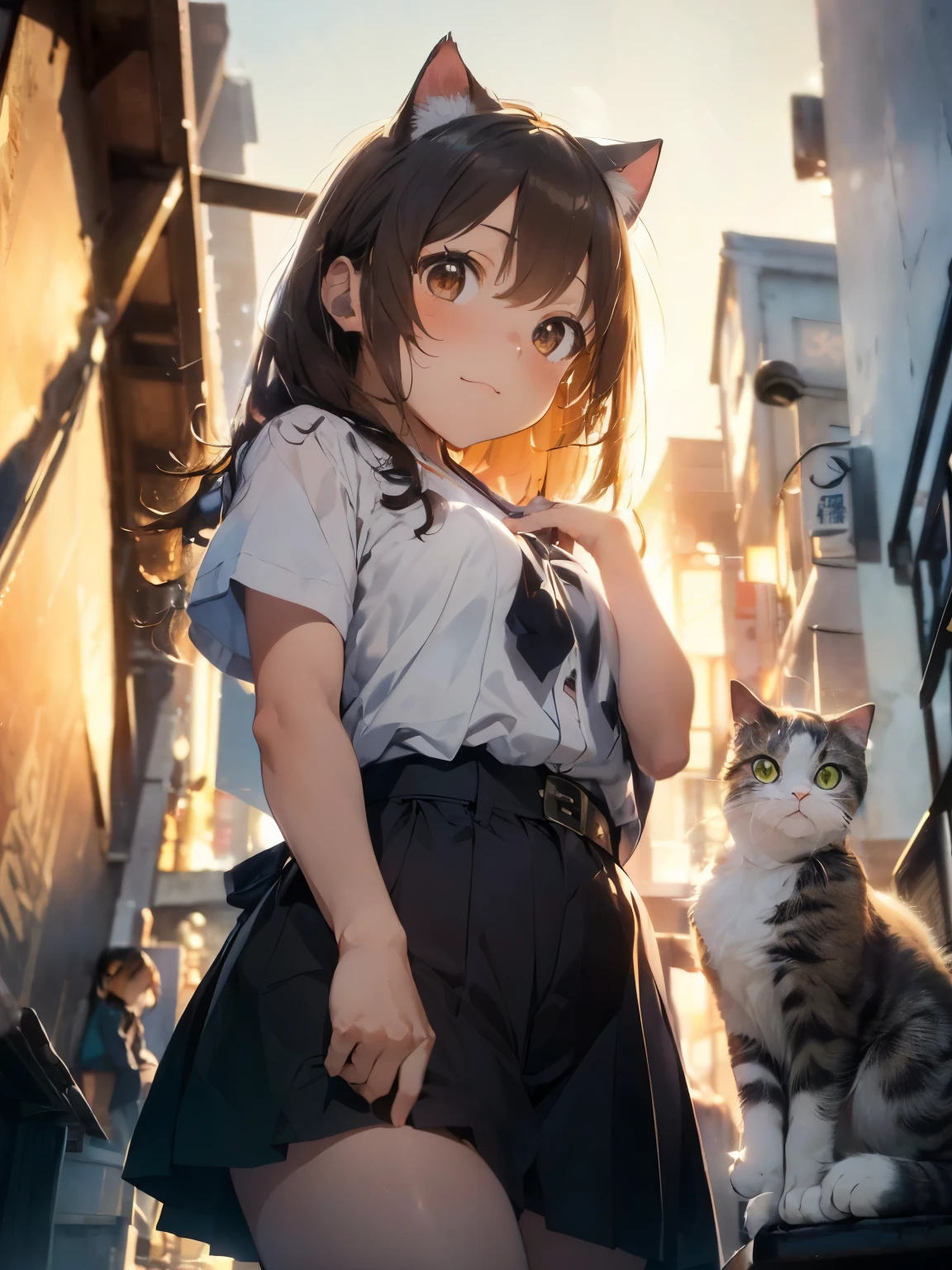 4K.High resolution. (masterpiece, Highest quality, ) ,Bokeh, girl, Beautiful light brown hair, Light brown eyes, Plump breasts, Blushed, (Cat ear:1.2), colorful t-shirt,  (Japanese Idols:1.6), Holding a cute cat,   Looking at the audience, (The background is Wall Street at sunset:1.4), (From below:1.6), Cowboy Shot