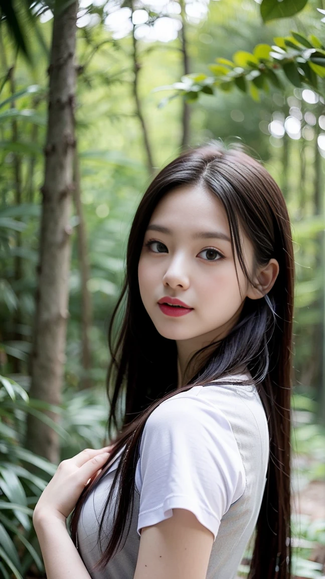 masterpiece, best quality, surreal, Ultra Detailed, 8k resolution, RAW photos, Clear focus, (A girl in the forest), (((woman's woman light grey vest shirt:1.2)、)), Short sleeve, sports Shorts,Full body posture, Solitary, Perfect body, Become a, 32 inches in the chest,(a charming smile:1), (sexy pose),26 years old, light,((White shoes))