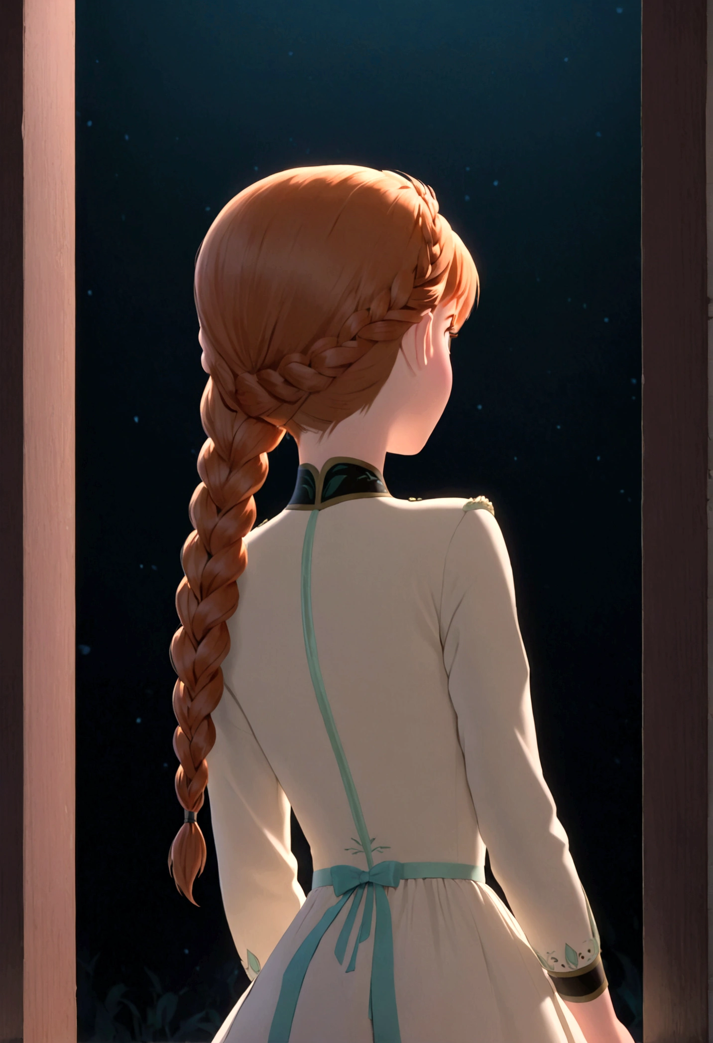 1girl, Anna \(frozen\), Anna of arendelle, cream jacket, cream pumps, updo, white dress, solo, twin braids, braid, orange hair, upper body, long hair, worm light, solo, disney, (Back View, from behind:1.4), autumn, anime screenshot, source_anime, dramatic composition, cinematic dynamic action scene, vibrant colors, cinematic lighting, dramatic lighting, best quality, masterpiece, very aesthetic, perfect composition, intricate details, ultra-detailed