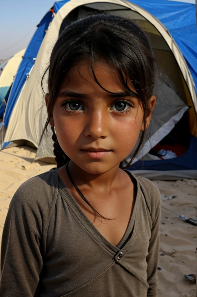 A litttle girl woth beautiful eyes standing in front of a camping in gaza war