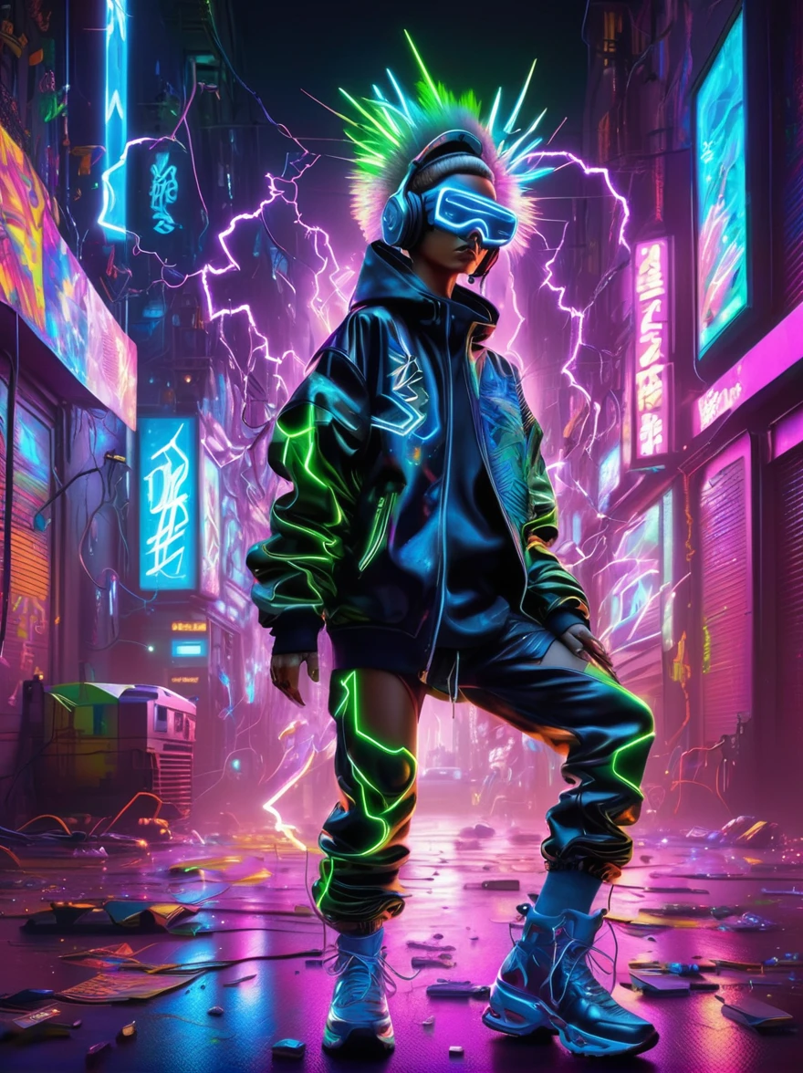 1 boy, Solitary, Lightning energy,Electricity elements,Wearing a pointed headdress,(Wearing large rectangular glasses:1.3),Blue Highlight Lightning,Wearing bright blue and green square clothes,high-heel boots,Wields electric weapons,in a dynamic dancing pose within a colorful virtual reality world teeming with neon lights and vibrant holograms. The scene bears the influences of both pop art and graffiti, a truly cyberpunk-inspired ensemble with explosive energy, created using digital painting methods and radiant, glowing effects,(whole body:1.5),Cartoon Style, Super Detail,Anatomically correct,masterpiece