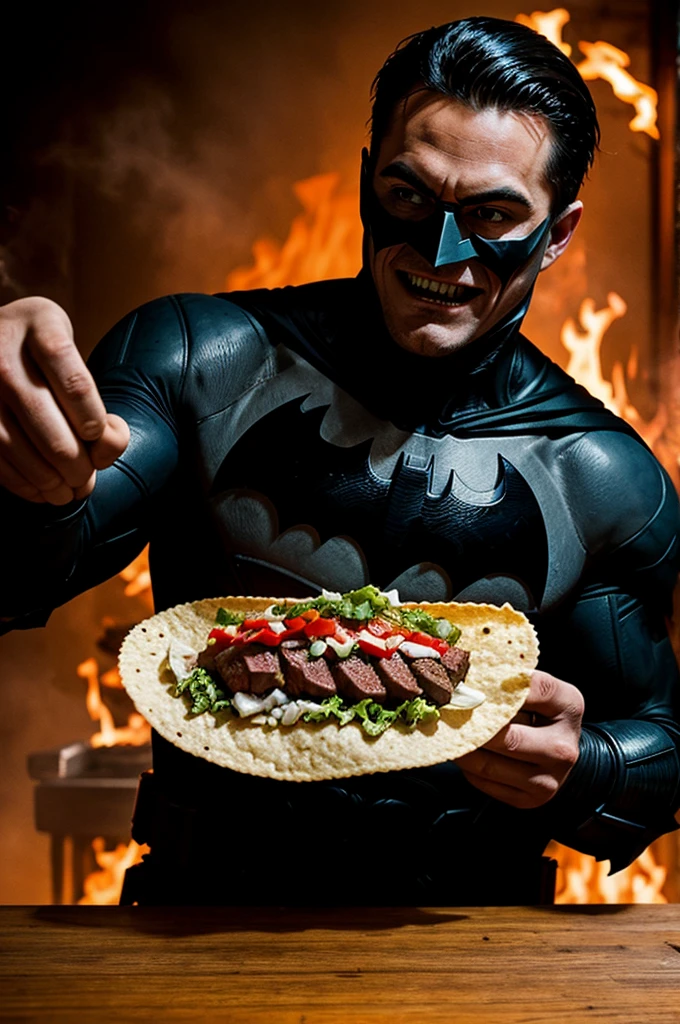 The batman who laughs eating a steak taco