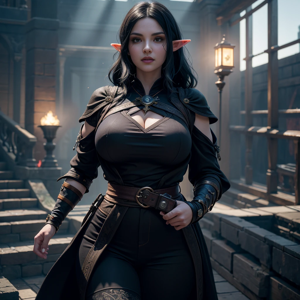 ((Best quality)), ((masterpiece)), (detailed: 1.4), 3D, (half-elf sorceress), (black hair, purple eyes:1.5, pale brown skin), (black robe, purple sleeves, grey pants, black boots and black armbands), (huge tits, big booty, short, curvy), (heavy gothic makeup), HDR (High Dynamic Range),Ray Tracing,NVIDIA RTX,Super-Resolution,Unreal 5,Subsurface dispersion, PBR texture, Post-processing, Anisotropic filtering, Depth of field, Maximum clarity and sharpness, Multilayer textures, Albedo and specular maps, Surface shading, Accurate simulation of light-material interaction, Perfect proportions, Octane Render, Two-tone lighting,Wide aperture,Low ISO,White balance,Rule of thirds,8K RAW,