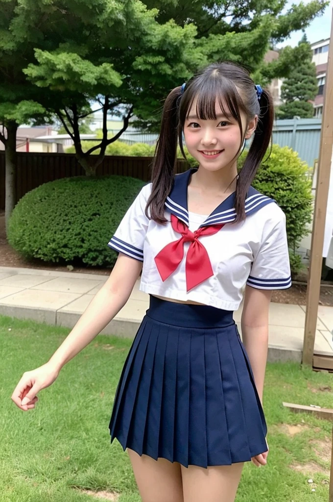 girl in old-Japan schoolyard,sailor with pleated micro-mini-skirt,thin red ribbon on hair,18-year-old,bangs,a little smiles,thighs,knees,poneytail,from below