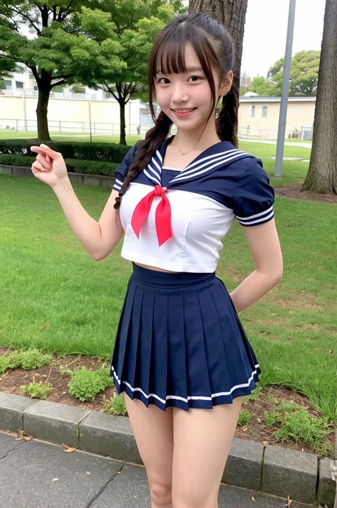 girl in old-Japan schoolyard,sailor  with pleated micro-mini-skirt,thin red ribbon on hair,18-year-old,bangs,a little smiles,thighs,knees,poneytail,from below
