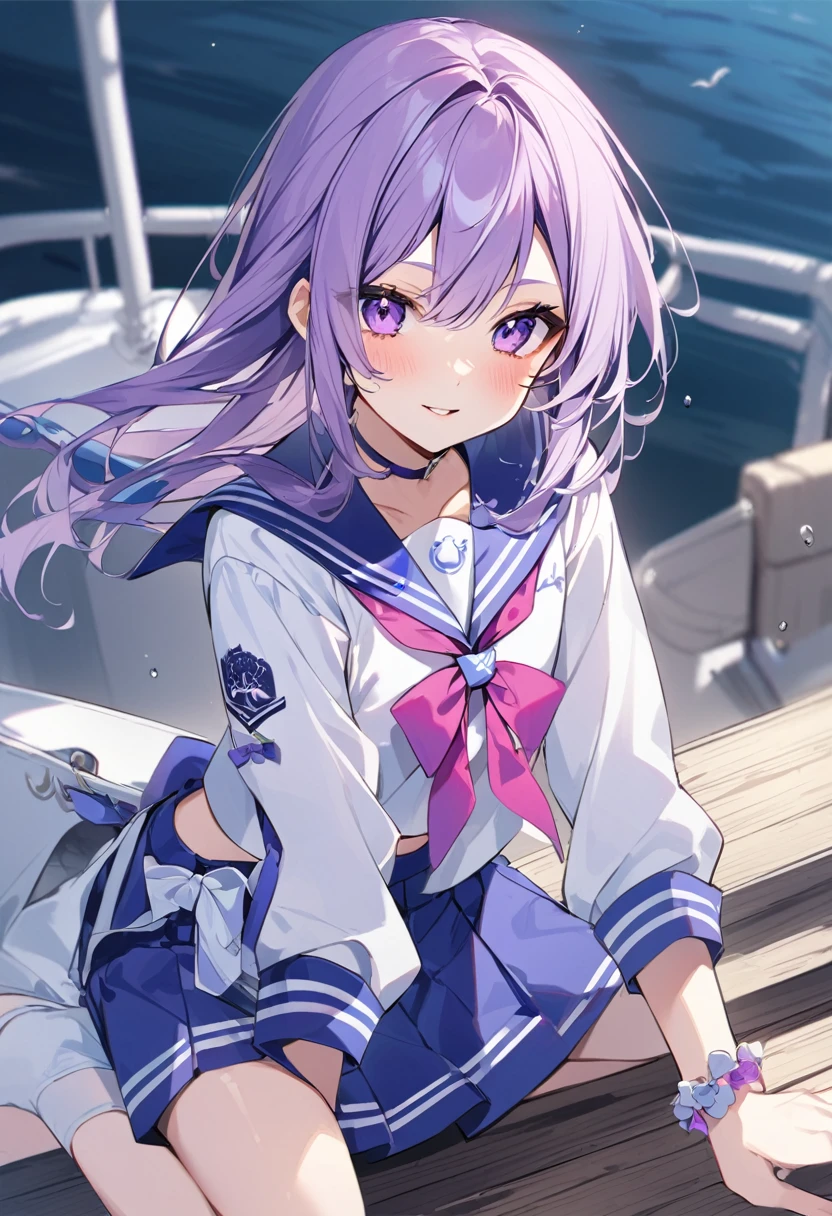 Keito。Purple Eyes。Purple Hair。Boat。Sailor suit