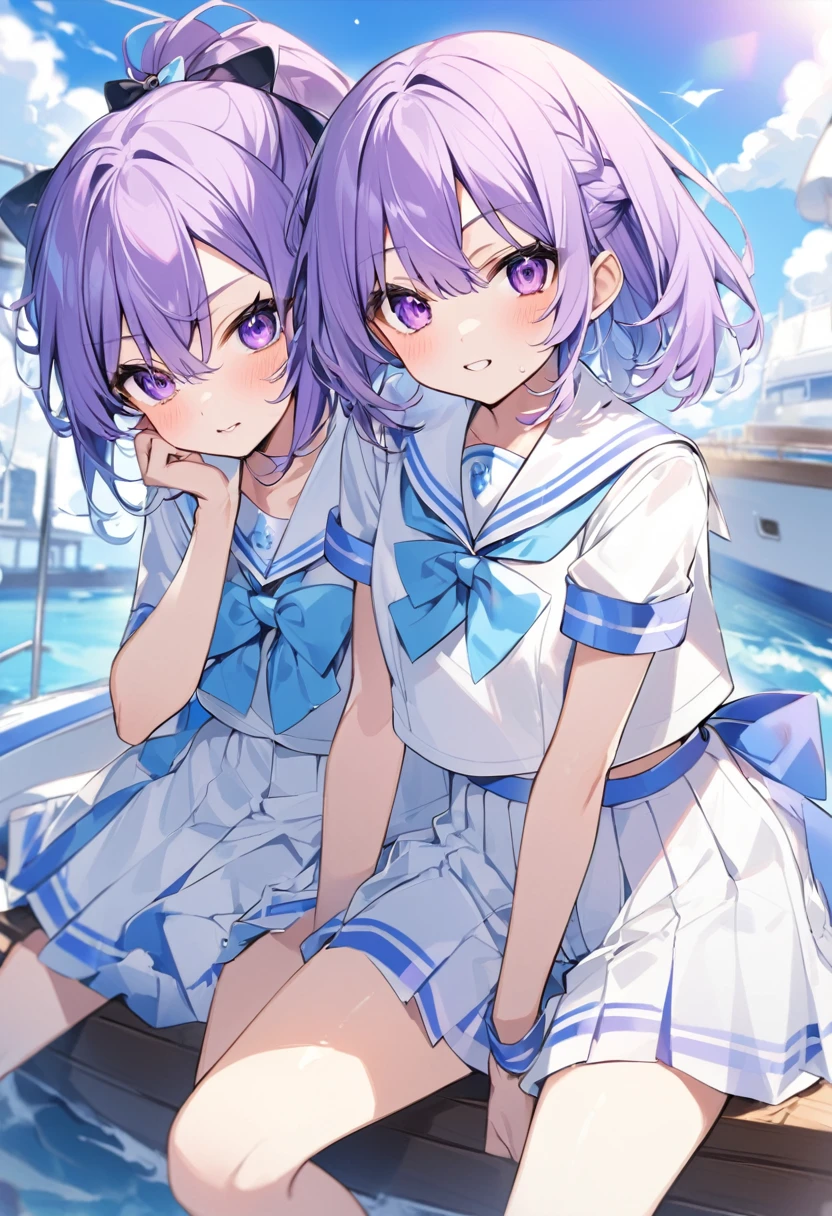 Keito。Purple Eyes。Purple Hair。Boat。Sailor suit