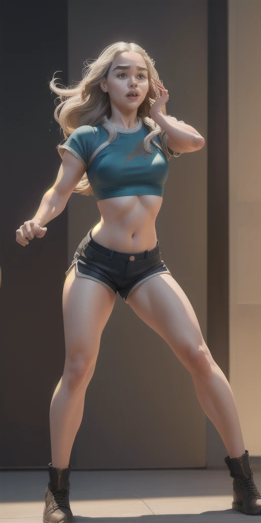 A portrait of a 30-year-old blonde woman with long hair in a pink T-shirt, tight blue jeans, sneakers; black wrist communicator; photo-realistic; 4k; 100mm; martial arts; technique pose; city yard, masterpiece