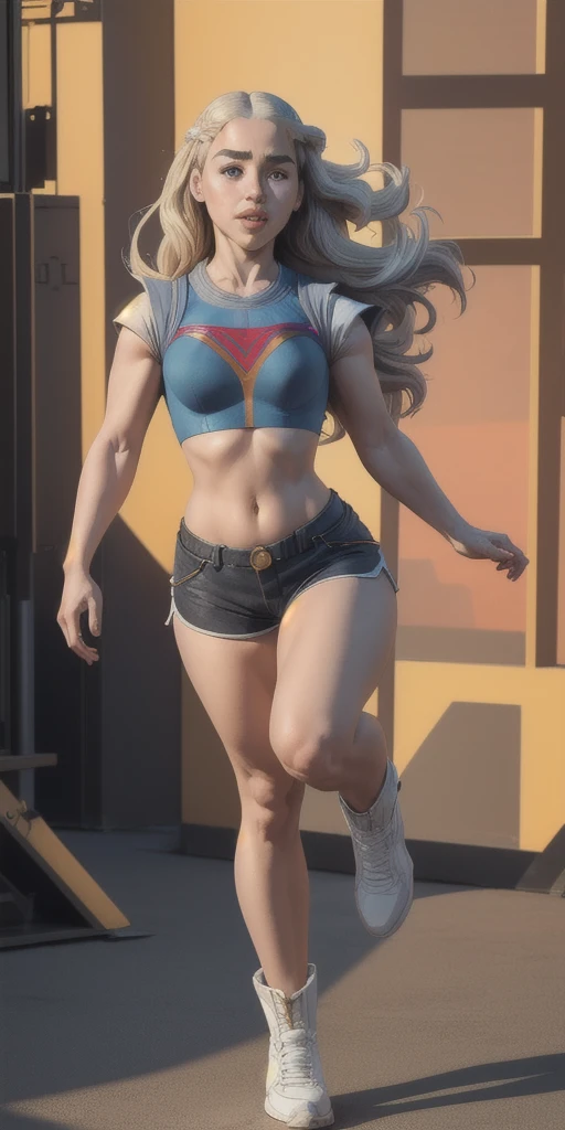 (Highest quality, masterpiece), Emilia Clarke, action pose, full Body, Crop top, Shorts, View your viewers, long Hair