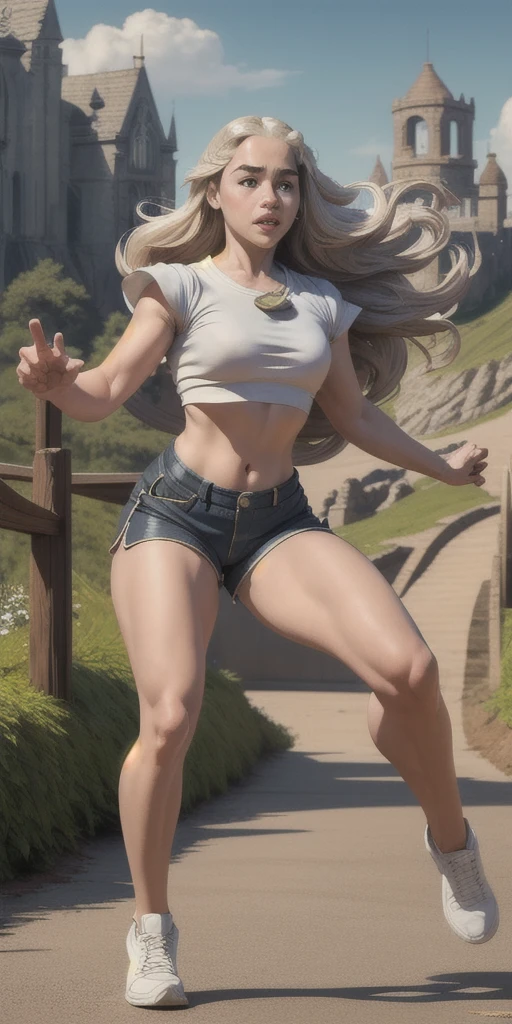 (Highest quality, masterpiece), Emilia Clarke, action pose, full Body, Crop top, Shorts, View your viewers, long Hair