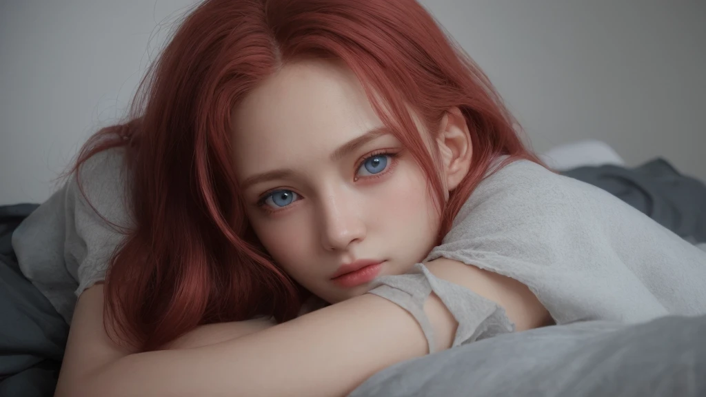 1girl, star eyes, blush, perfect illumination, red hair, blue eyes, unreal engine, side lighting, detailed face, bangs, light skin, simple background, dark background, bed, sleep, <la:makimaChainsawMan_v10:0.35
