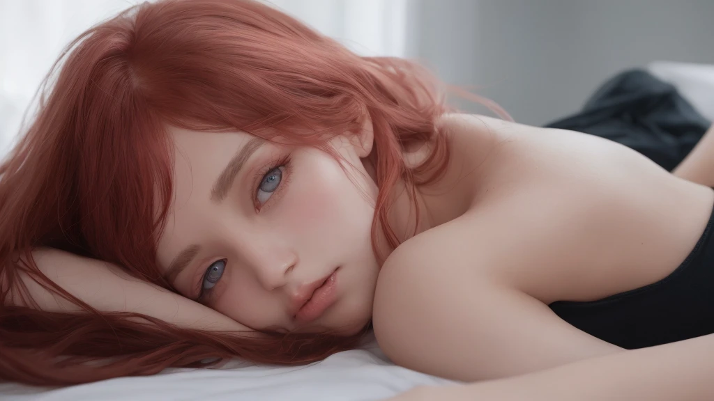 1girl, star eyes, blush, perfect illumination, red hair, blue eyes, unreal engine, side lighting, detailed face, bangs, light skin, simple background, dark background, bed, sleep, <la:makimaChainsawMan_v10:0.35