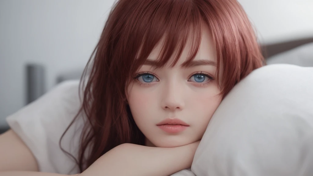1girl, star eyes, blush, perfect illumination, red hair, blue eyes, unreal engine, side lighting, detailed face, bangs, light skin, simple background, dark background, bed, sleep, <la:makimaChainsawMan_v10:0.35