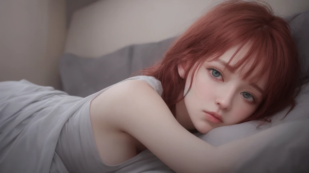 1girl, star eyes, blush, perfect illumination, red hair, blue eyes, unreal engine, side lighting, detailed face, bangs, light skin, simple background, dark background, bed, sleep, <la:makimaChainsawMan_v10:0.35